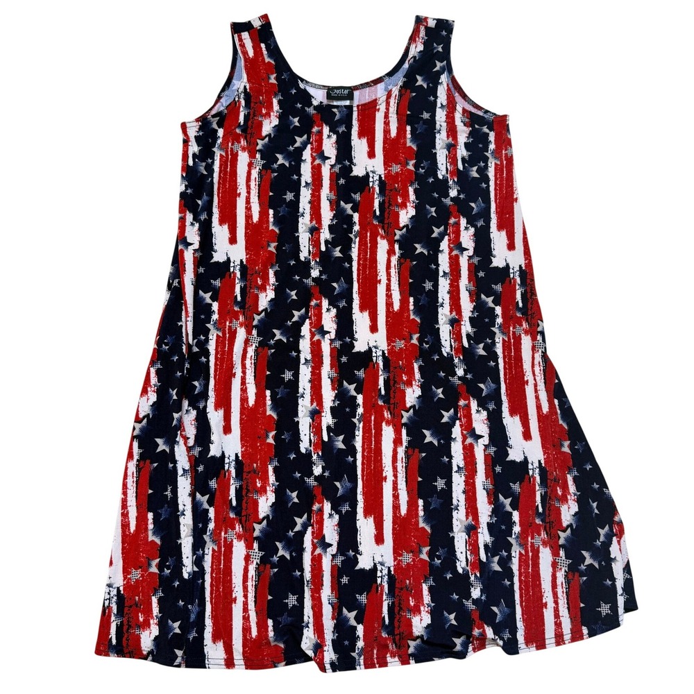 Jostar Womens Patriotic Stars Stripes Tank Dress Red White Blue USA Made Large